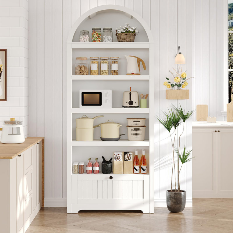 72" Arched Bookshelf with Storage Drawer and Open Shelves, White