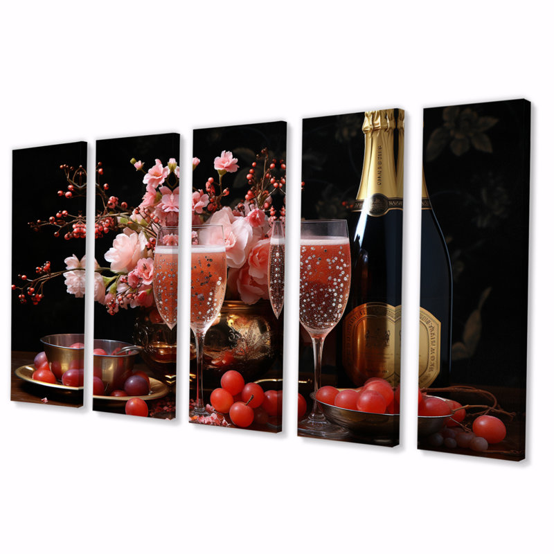 Rose pétillant champagne IV - vin et champagne, art mural salon - 5 panneaux égaux