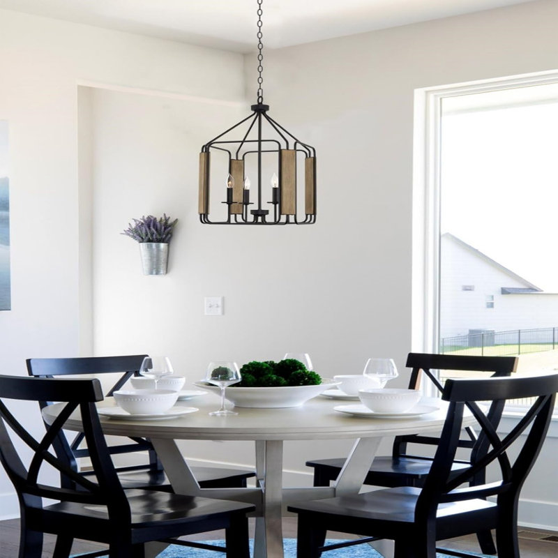 Luminaire suspendu de style lanterne de ferme moderne 28 po à 4 lumières, cadre ouvert géométrique, finition bouleau fumé