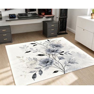 Tapis moderne à motif floral, imprimé botanique à fleurs grises bleues, tapis antidérapant artistique, décoration intérieure lavable pour salon, chambre à coucher, cuisine, entrée, appartement