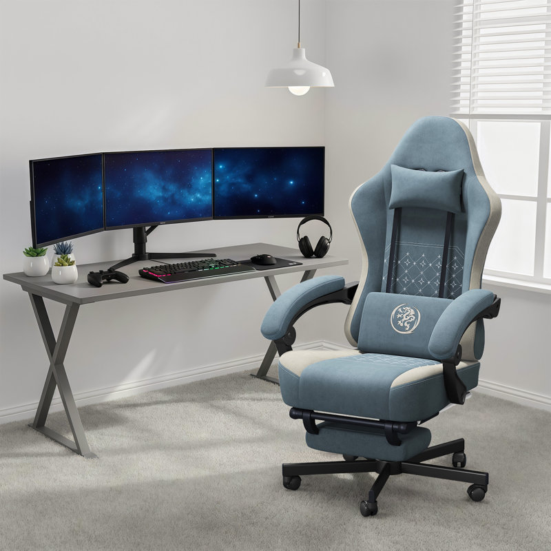 Adjustable Reclining Ergonomic Faux Leather Swiveling PC & Racing Game Chair, Blue Fabric