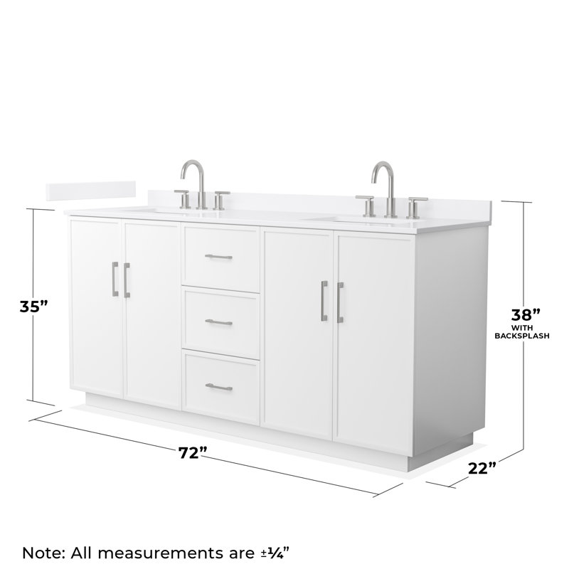 Meuble-lavabo double autoportant 72 po avec plateau en quartz Elan TK, Quartz blanc, Blanc, Nickel brossé