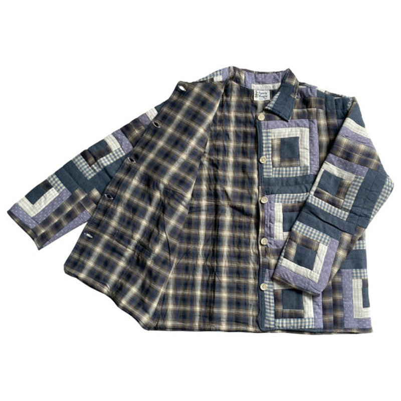 Blue Log Cabin Handquilted Cotton Jacket – Patchworked, Reversible, Soft Cotton Filled, Stylish Jacket for All Seasons