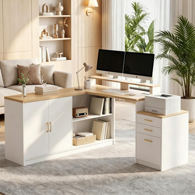 Bureau d'ordinateur en L avec support pour écran, station de charge et rangement