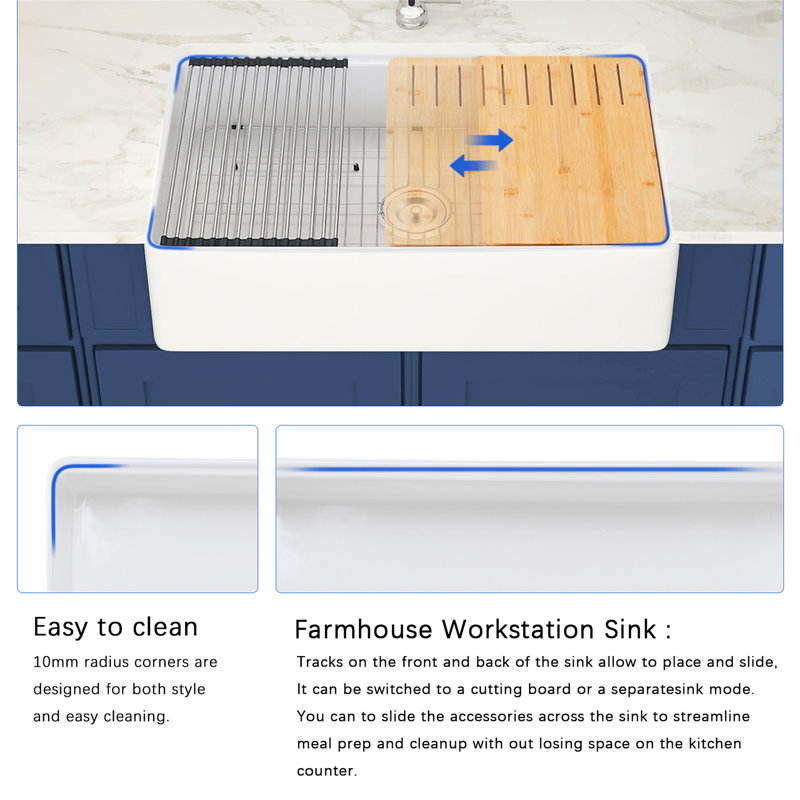 Évier de cuisine de ferme en argile réfractaire L 33 po x l 20 po avec accessoires Fireclay