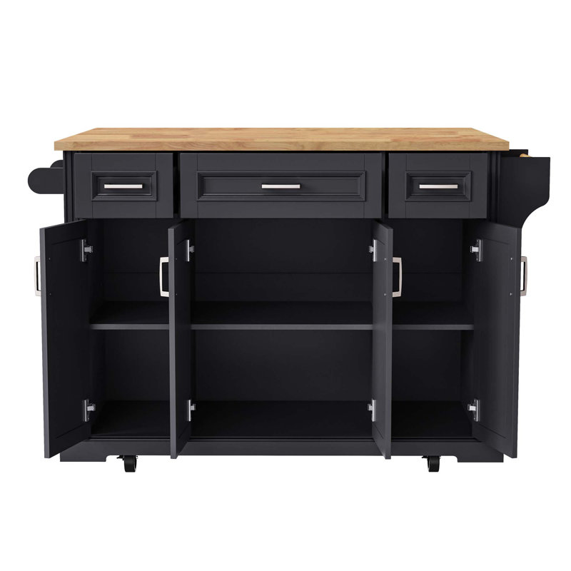 54-Inch Large Rolling Kitchen Island With Rubber Wood Drop Leaf, 4 Doors, 3 Drawers & Storage, Black