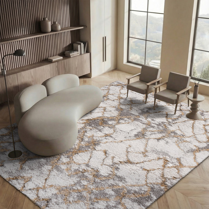 Tapis ivoire / doré à motif abstrait Cade, Rectangle 8 pi x 10 pi