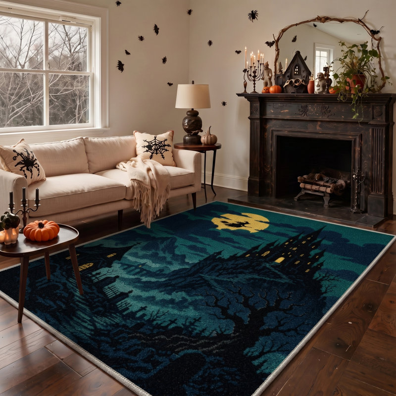 Tapis d'Halloween Château hanté, Noir/Orange, Lavable à la machine, Poils courts, Antidérapant, Rectangulaire 8 pi x 10 pi