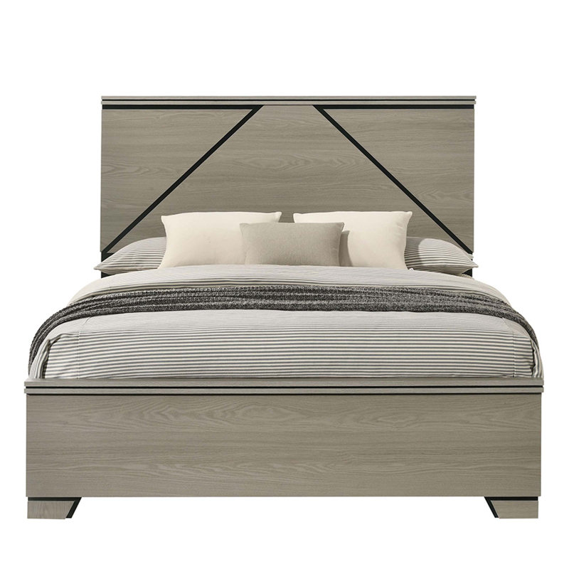 Grand lit de style moderne avec tête de lit à DEL, finition grise patinée, assemblage facile dans une boîte