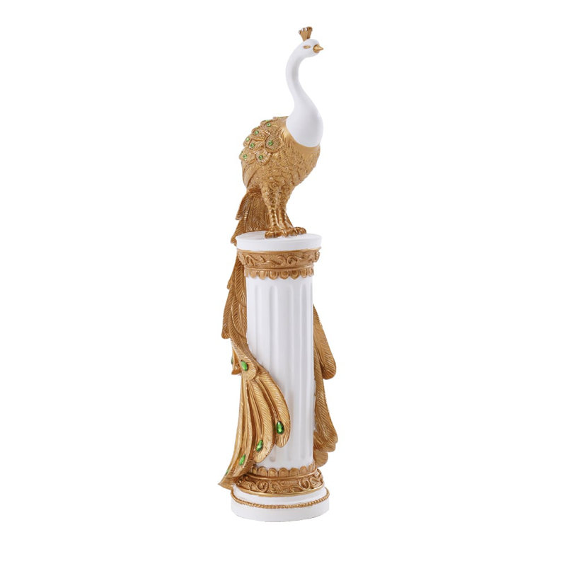 27.6" Large Glam Peacock Floor Sculpture Decor Art Living Room Bedroom In White & Gold