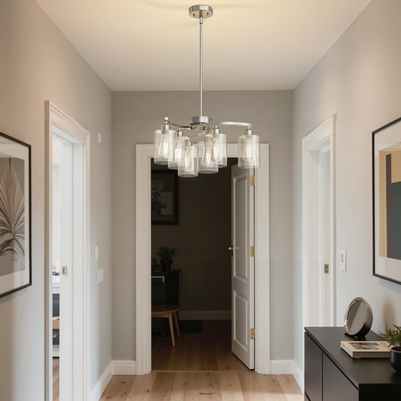 Lustre suspendu avec abat-jour en verre transparent, 6 lumières