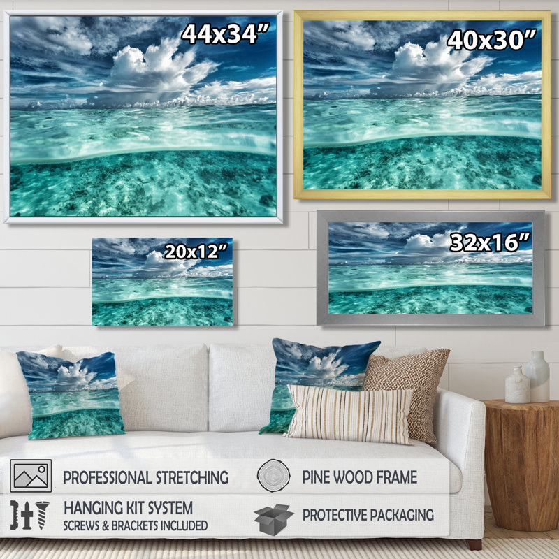 " Amazing Underwater Seascape And Clouds ", Framed Print, Black, 16" H x 32" W