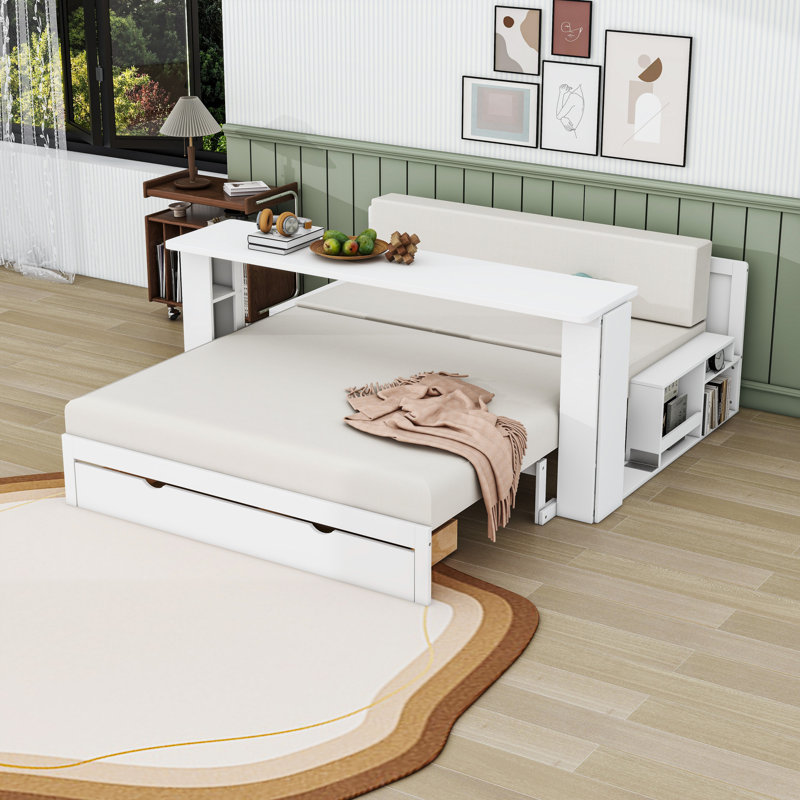 Lit de jour avec bureau, tiroirs et table d'appoint, Blanc, Grand lit