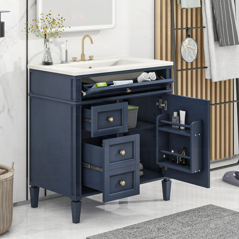 Meuble-lavabo moderne avec lavabo supérieur et tiroirs multi-types, Marine, Argent argent