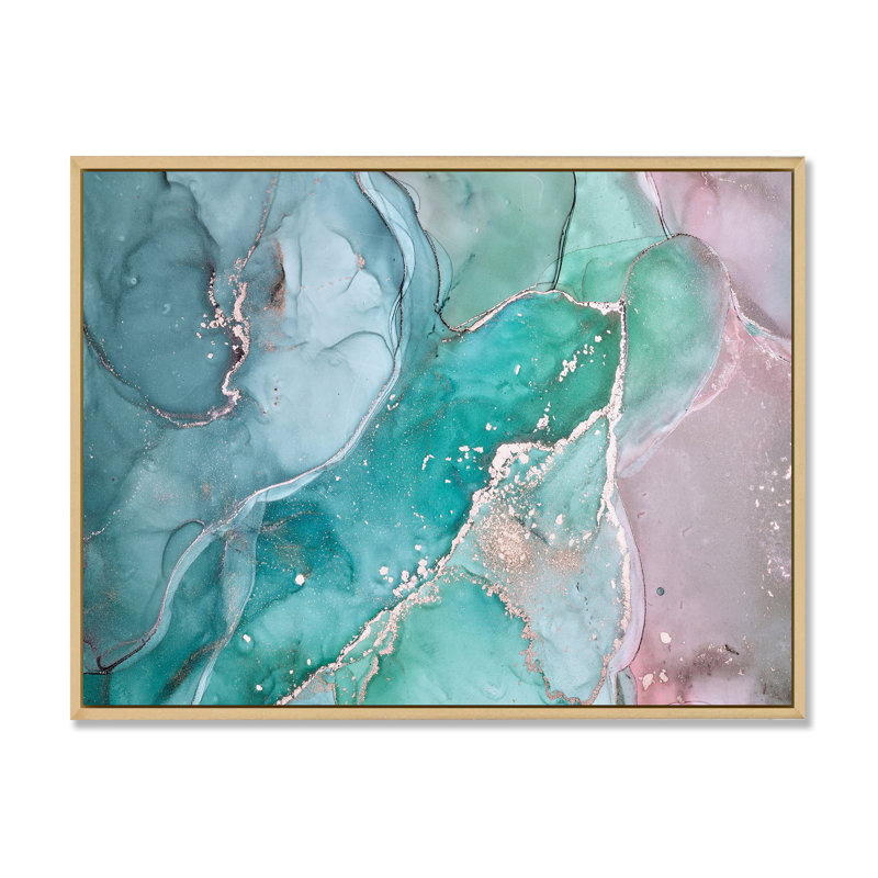Marbre abstrait turquoise - peinture sur toile, H 12 po x l 20 po, Cadre flottant en érable