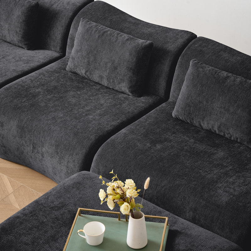 100.8" 3 Seaters Upholstered Modular Compression Sofa With Pillows Black, Black