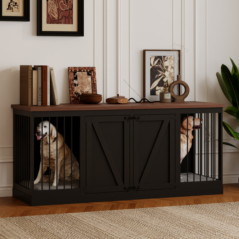 Dog Crate Furniture - Indoor Wooden Dog Kennel Furniture Double Doors With Divider - 71"X23.6"X32"H, Black
