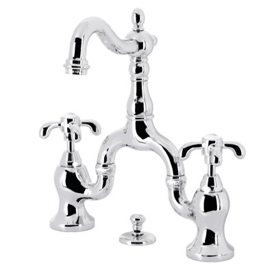 Kingston Brass French Country Two-Handle 3-Hole Deck Mount Bridge Bathroom Faucet with Brass Pop-Up