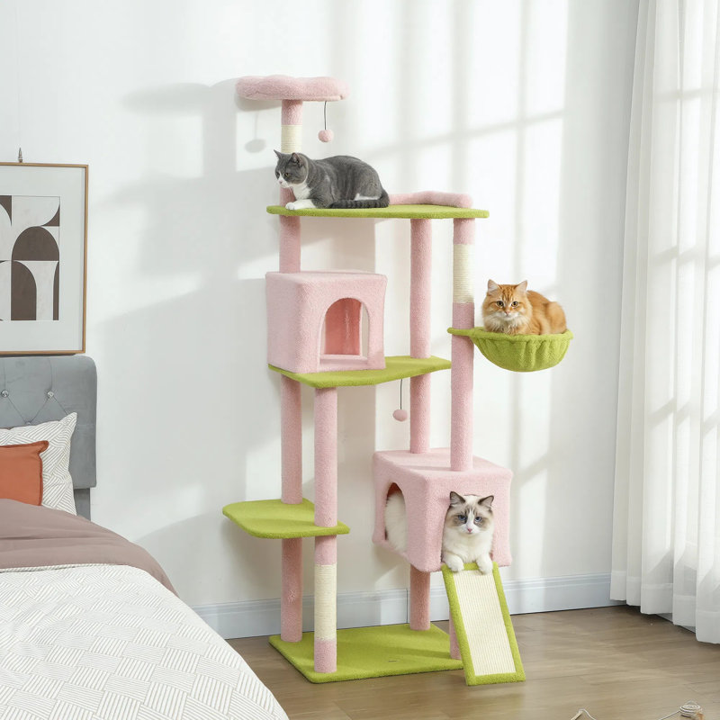 Arbre à chat 74 po, grande tour à chat avec poteau à griffer et planche pour chats d'intérieur, rose