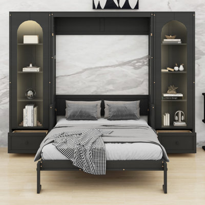Cadre de lit escamotable contemporain avec armoires de rangement latérales et éclairage DEL