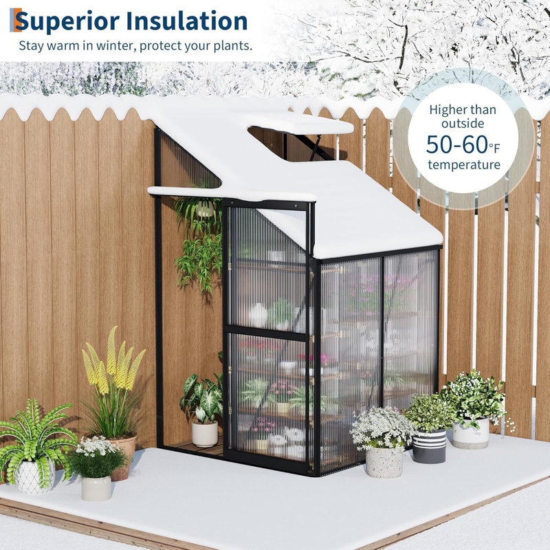 Durable Lean-to Polycarbonate Greenhouse with Walk-In Outdoor Garden Plant Shelter, Adjustable Roof Vent, Sliding Lockable Aluminum Door for Patio or Backyard, 4x4 FT (Green Spray Plastic)