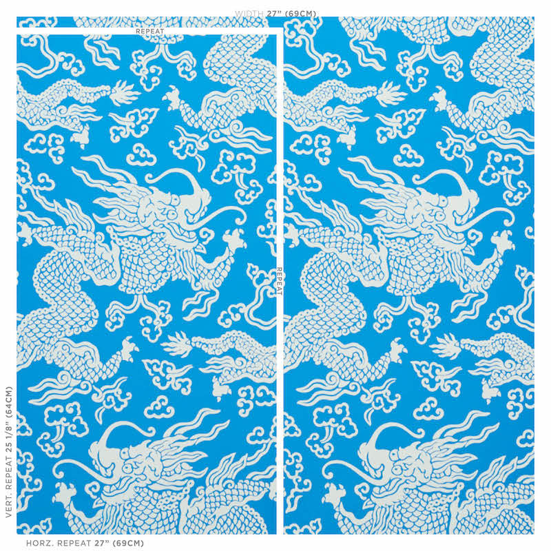 Ruan Dragon Damask Wallpaper, Blue