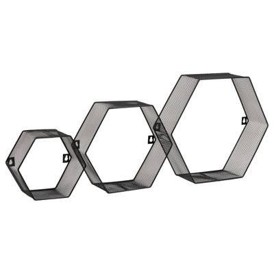 Mind Reader Hexagon Floating Shelves, Wall Decor, Honeycomb Accent Shelf, Office, Metal Mesh, 14"L x 4"W x 12"H, Set of 3,