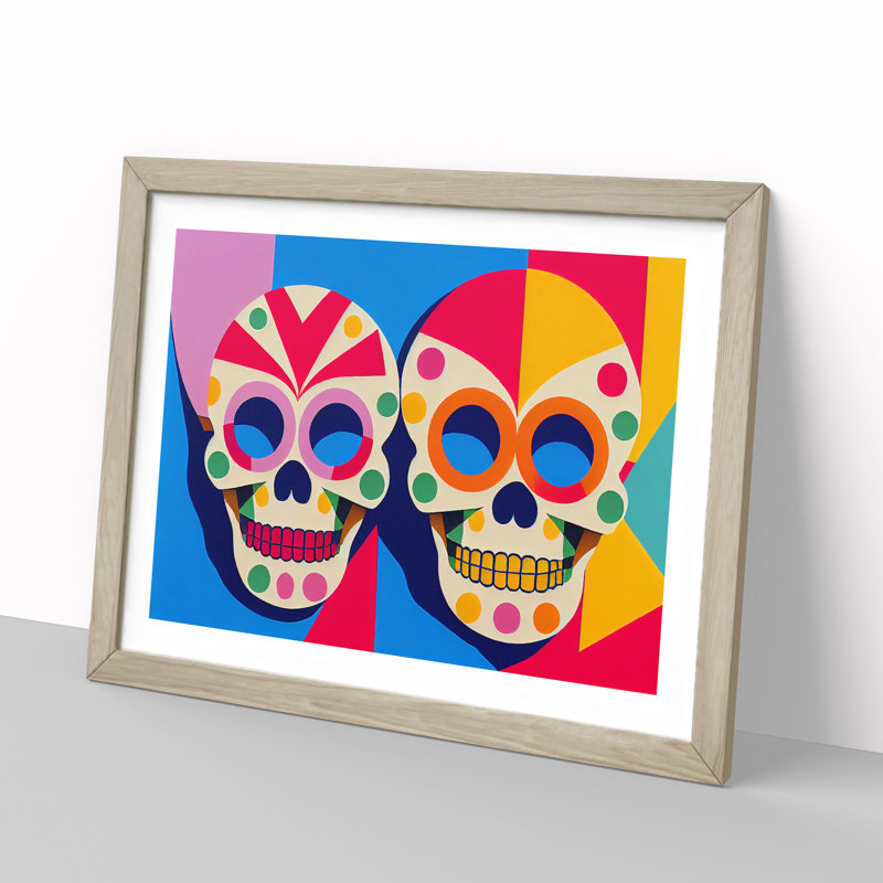 XH1022-9493X Unreal Floral Sugar Skulls Abstract - Single Picture Frame Print, Oak, 46cm H x 64cm W x 2cm D