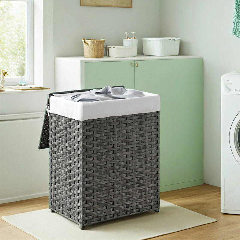 Laundry Hamper With Lid, 23.8 Gallon (90L) Synthetic Rattan Clothes Laundry Basket With Lid And Handles, Foldable, Removable Liner