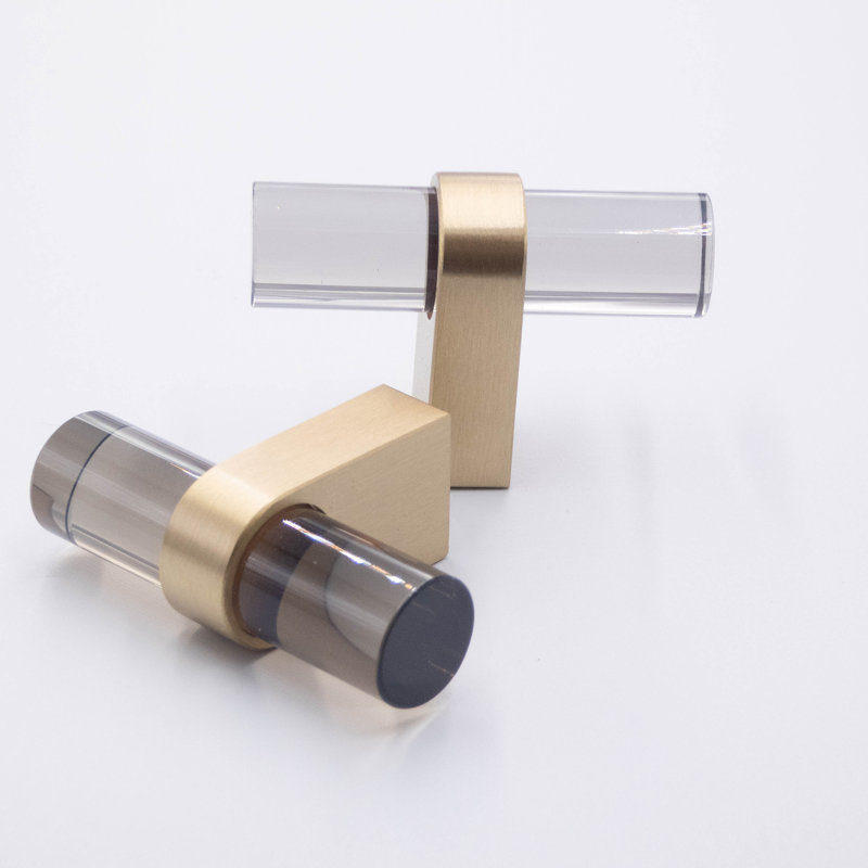 Modern Acrylic and Brass Cabinet T-Bar Knob, 2", Gray
