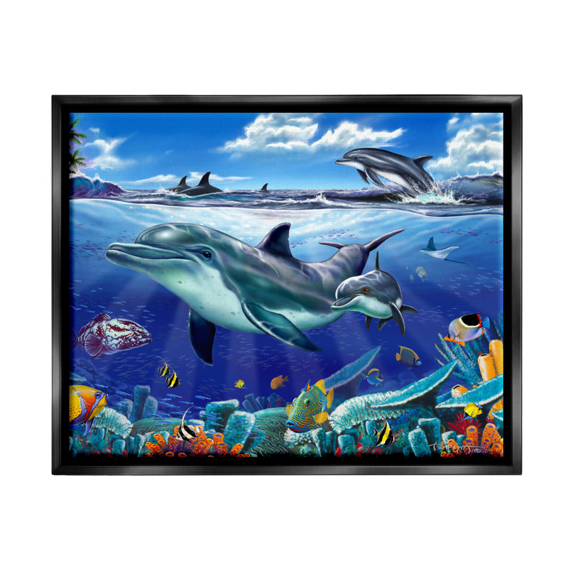 "Rosecliff Heights Dolphins", "Bold Coral Reef", art encadré sur toile flottante par Interlitho, Cadre flottant noir de jais