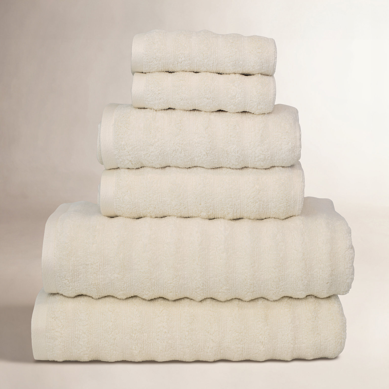 Spa 6-Piece Wavy Combed Cotton Towel Set, Ivory