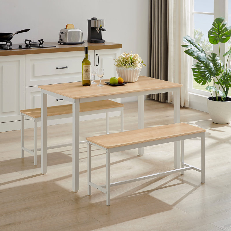 3-piece Dining Table Set with 2 Dining Benches, Natural/White