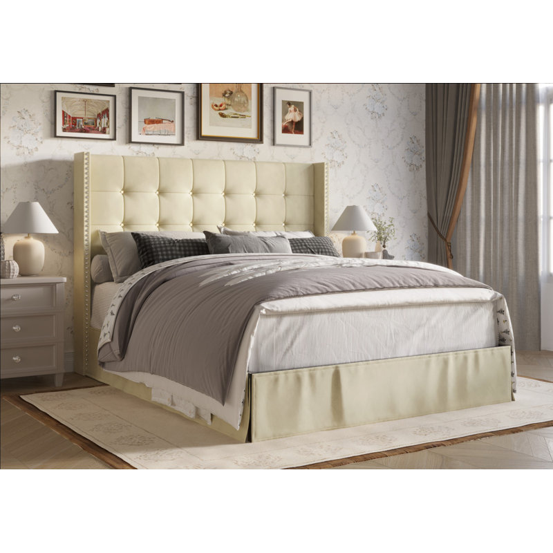 Lit plateforme tapissier Aliviana, Beige, Très grand