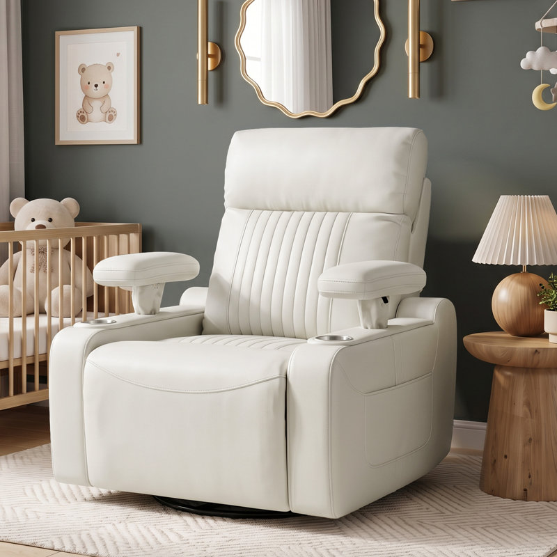 Fauteuil inclinable pivotant électrique de 93 cm (36,6 po) de large, en similicuir, avec port USB-C, porte-gobelet et éclairage d'ambiance, beige.