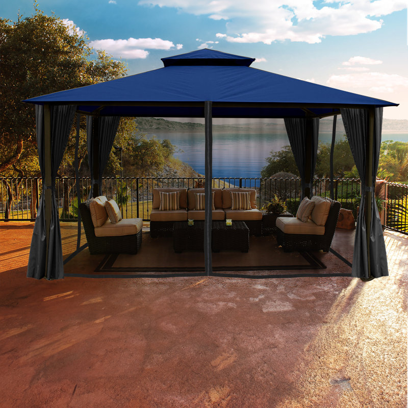 Barcelona 10 Ft. W x 12 Ft. D Aluminum Patio Gazebo with Mosquito Netting and Privacy Curtains, Cocoa