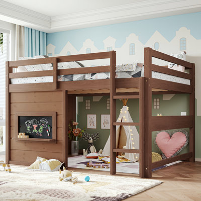 Playhouse Loft Kids Bed with Play Area, Sliding Chalkboard and Built-In Bookshelf
