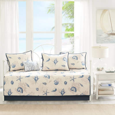 Housse de lit de jour 6 en bleu, imprimé en microfibre réversible, taille simple, housse de 17 po, 15 po, 3 taies décoratives, 1 coussin décoratif, décor de salon Coastal Flair, bleu lavable à la machine, 6 pièces réversible, taille,