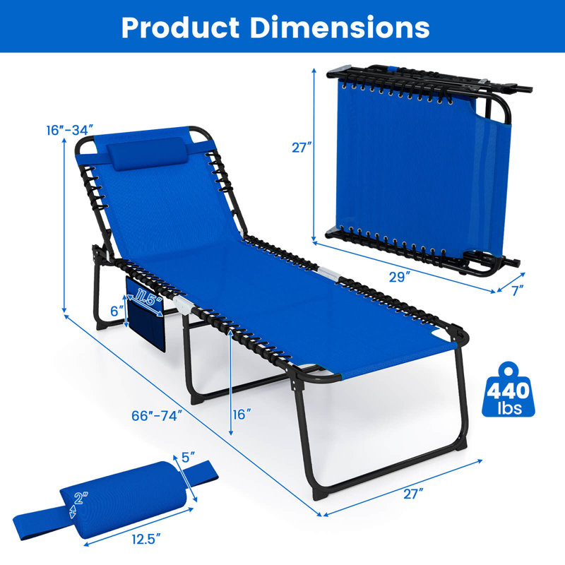 Oversize Folding Chaise Lounge with Adjustable Backrest Pillow Pocket, Navy, 1