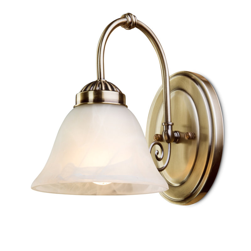 Brazell 1-Light Dimmable Antique Brass Armed Sconce Alabaster Style Glass