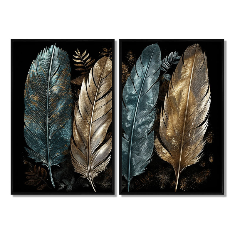 Plumes dorées dorées I - décoration murale moderne 2 panneaux, 36'' H x 48'' W, Impression encadrée flottante, Black