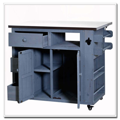 Outdoor Solid Wood Extendable 19.3''/28'' Kitchen Island, Stainless Steel Top Grill Table with Side Spice Rack