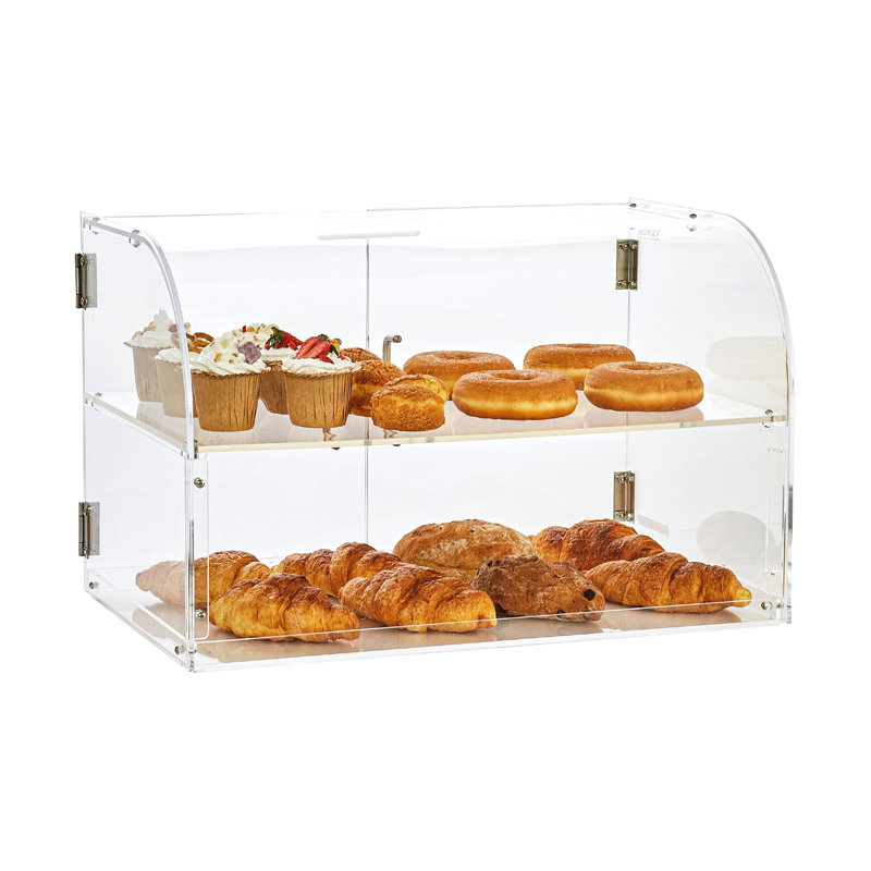 Présentoir à pâtisserie, présentoir de boulangerie de comptoir commercial à 2 niveaux, présentoir en acrylique avec porte arrière et tablettes amovibles, gâteau «Keep Fresh for Donut Bagels», 22 po x 14 po x 14 po