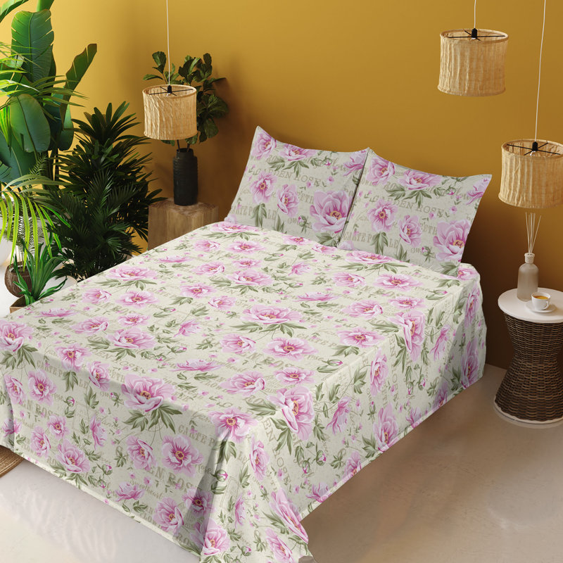 Ambesonne Watercolor Botany Sheet Set 4 Pcs Retro Boho Bloom, Queen Sheet Set with 2 Pillowcases
