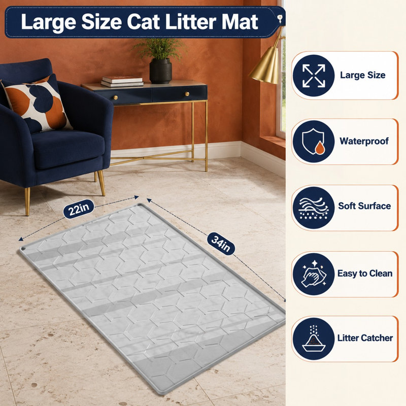 Gray 34 x 22 in waterproof silicone cat litter mat with raised edges that capture litter and protect flooring from urine; the easy-clean design also works for dog areas, sinks, kitchens, and boots.