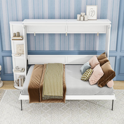 Lit escamotable en bois avec 3 tiroirs et tablettes
