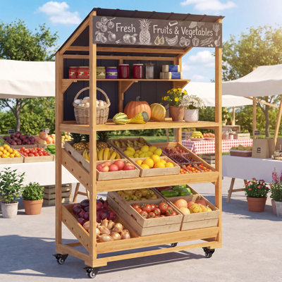 Support à fruits à 4 niveaux pour l'extérieur avec très grand rangement, toit en métal et roulettes verrouillables, rangement en bois pour la cuisine avec bacs inclinés