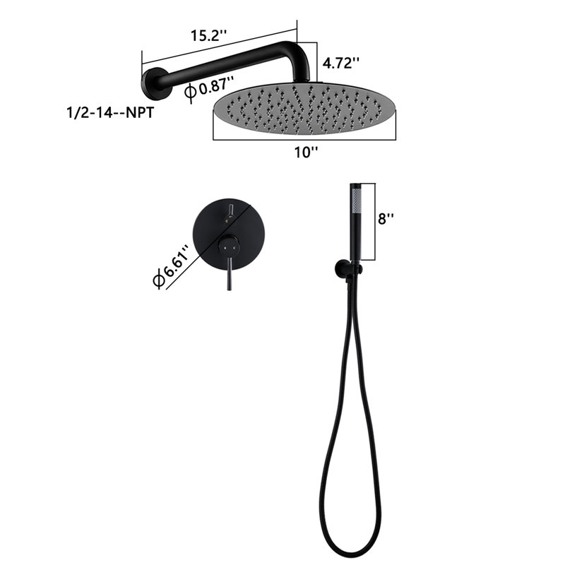 Tête de douche noire matte de 10 po: pluie et à main, en laiton pour une expérience de douche élégante, Noir mat