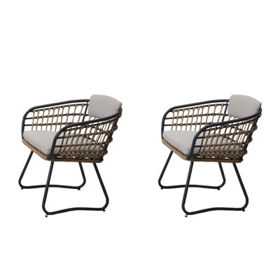 Ensemble de 2 chaises de salle à manger d'extérieur en osier, chaises de patio avec coussins, fauteuils de salle à manger en rotin pour la pelouse, le jardin, la piscine, la cour, le porche, beige