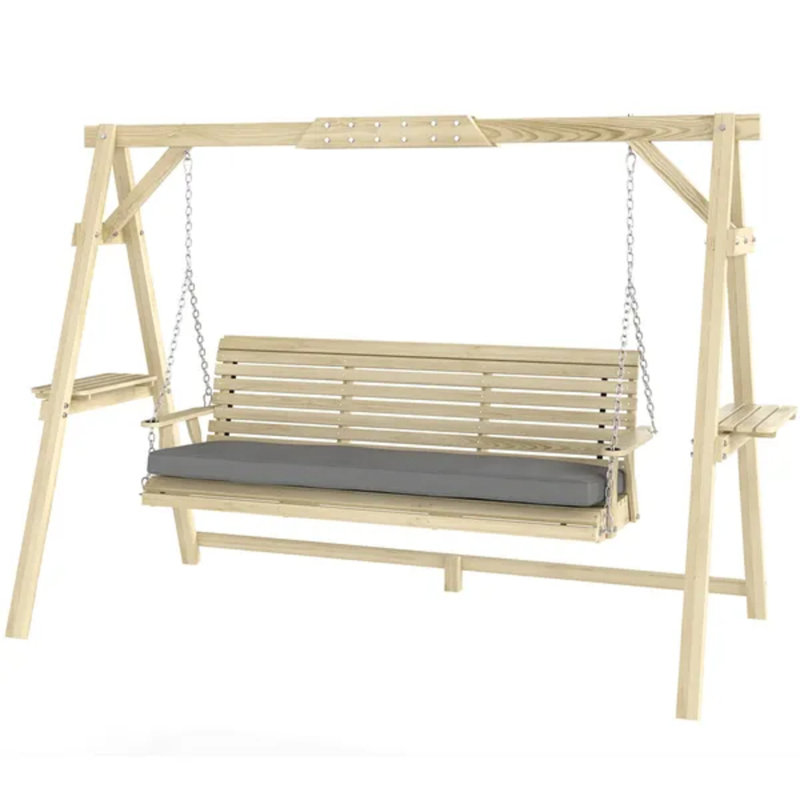 Balancelle en bois naturel 3 places avec support et coussin